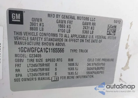 2012 Chevrolet Express 2500 Work Van z USA, uszkodzony, nr VIN 1GCWGFCA1C1165566